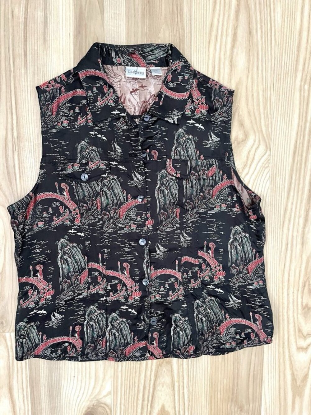 Chicos Silk Blend Asian Art-toWear Sleeveless Blouse Top Black Red size 3, XL